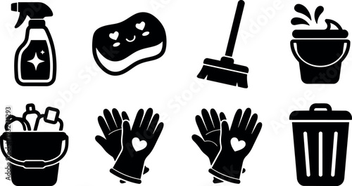 Flat design cleaning supplies icon set showing eight black silhouette household tools in neat row with simple bold shapes vector