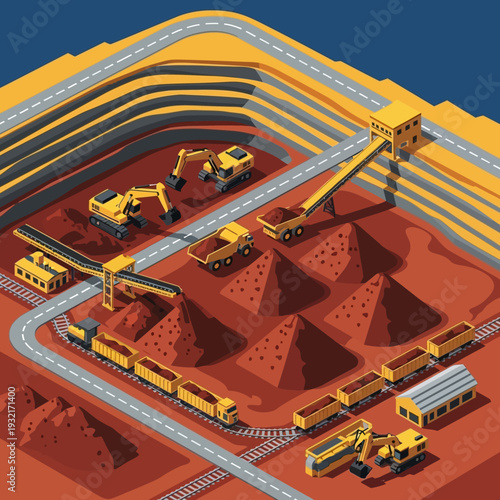 Isometric illustration of an open pit mine with heavy machinery and rail transport.