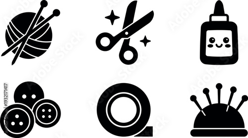 Minimalist icon set close up sewing and craft tools yarn scissors glue buttons tape pincushion black silhouette flat vector simple