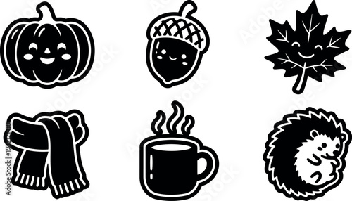 Whimsical kids doodle sticker pack close up autumn icons pumpkin acorn maple leaf scarf steaming mug hedgehog line art cute