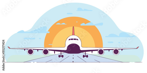 Flat vector illustration of a commercial passenger airplane taking off from a runway during orange sunset