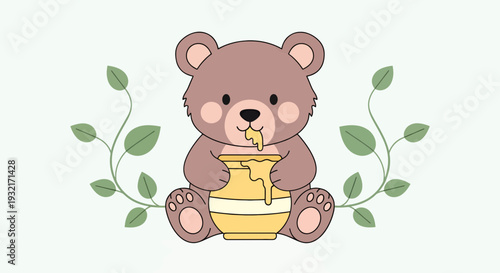 Cute cartoon bear sitting with honey pot illustration; adorable brown bear cub eating honey; vector art for kids baby shower greeting card