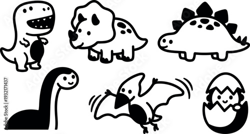 Whimsical kids doodle close up prehistoric baby dinosaurs set playful cartoon icons hatchling pterodactyl triceratops stegosaurus smiling egg line art