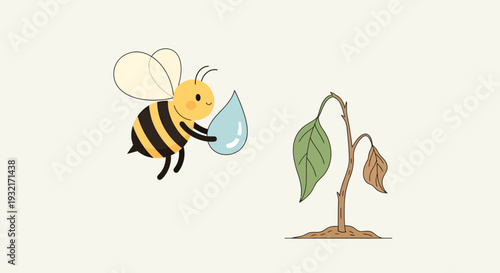 Cute cartoon bee carrying water droplet to help a wilted plant illustration in soft pastel colors for environmental conservation awareness