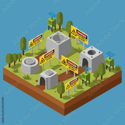 Obraz na plátně 3D illustration of hazardous manholes and warning signs on a grassy terrain