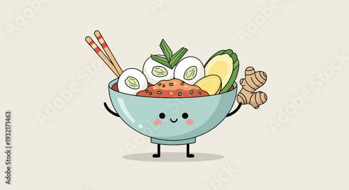 Cute cartoon bowl of ramen character with smiling face holding ginger root and chopsticks vector illustration for food design