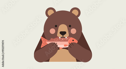 Cute cartoon brown bear eating a salmon fish illustration holding prey with paws on beige background for children's designs