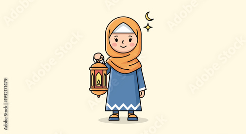Cute cartoon girl in hijab holding Ramadan lantern under crescent moon and star in Kawaii style for Islamic holiday