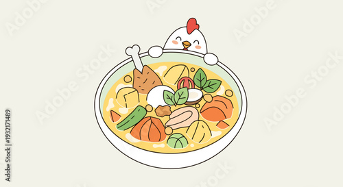 Cute cartoon chicken character peeking over a bowl of chicken sopas with vegetables and egg in a light yellow broth an illustration for food promotion.