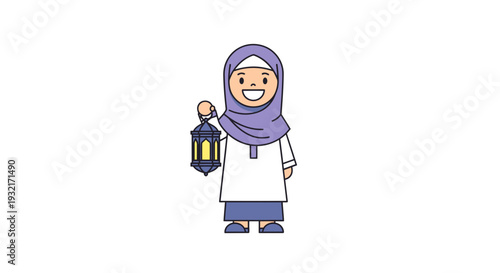 Cute cartoon girl wearing hijab holding Ramadan lantern vector illustration Muslim child celebrating traditional Islamic holiday festive design