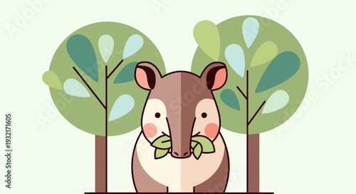 Cute cartoon tapir munching on leaves in a playful forest illustration featuring soft pastel colors and minimalist design elements for children's content