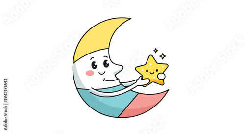 Cute crescent moon holding a yellow star cartoon illustration happy celestial characters sleep time bedtime story pastel colors dreamland concept