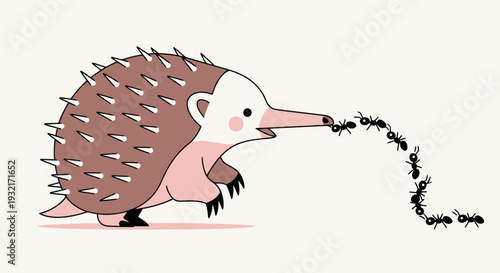 Cute echidna eating ants illustration in cartoon style; adorable spiny anteater sniffs and consumes trail of ants; children's book character
