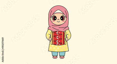 Cute girl in hijab holding traditional drum illustration in cartoon style for Eid al-Fitr celebration isolated on cream background