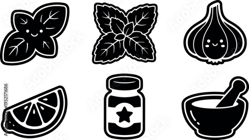 Flat design close herb and spice icon set showing basil leaf mint leaf garlic bulb lemon wedge mortar and pestle