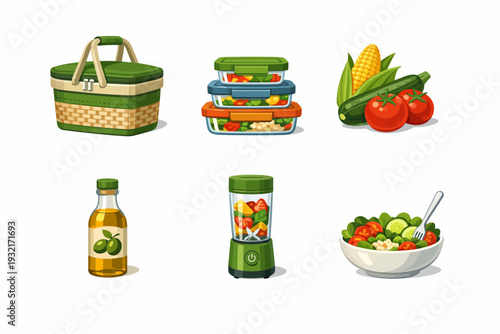 A collection of healthy food items and kitchen tools including a picnic basket, meal prep containers, fresh vegetables, olive oil, a blender, and a salad bowl.