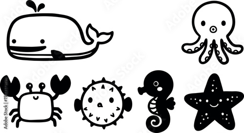 Line art vector of six smiling sea creatures whale octopus crab pufferfish seahorse starfish neatly arranged in simple black outline