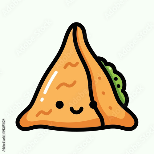 A cute cartoon illustration of a smiling samosa, a triangular golden-brown pastry with a green filling, on a plain background.