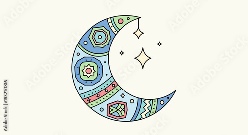 Decorative crescent moon illustration with ornamental patterns and hanging stars blue teal yellow isolated on white background for Ramadan and Eid design elements