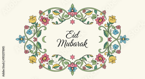 Decorative frame with floral ornaments and Eid Mubarak greeting adorned with blooming blossoms in various colors and ornate foliage