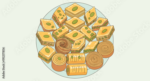 Delicious assortment of Middle Eastern baklava on a plate featuring sweet honey pastry with nuts presented in a colorful dessert display