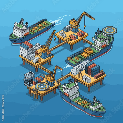 Isometric illustration of an offshore oil rig with cargo ships and cranes.