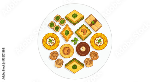 Delicious assortment of Middle Eastern pastries on a white plate featuring baklava knafeh and other sweet treats illustration for dessert menu