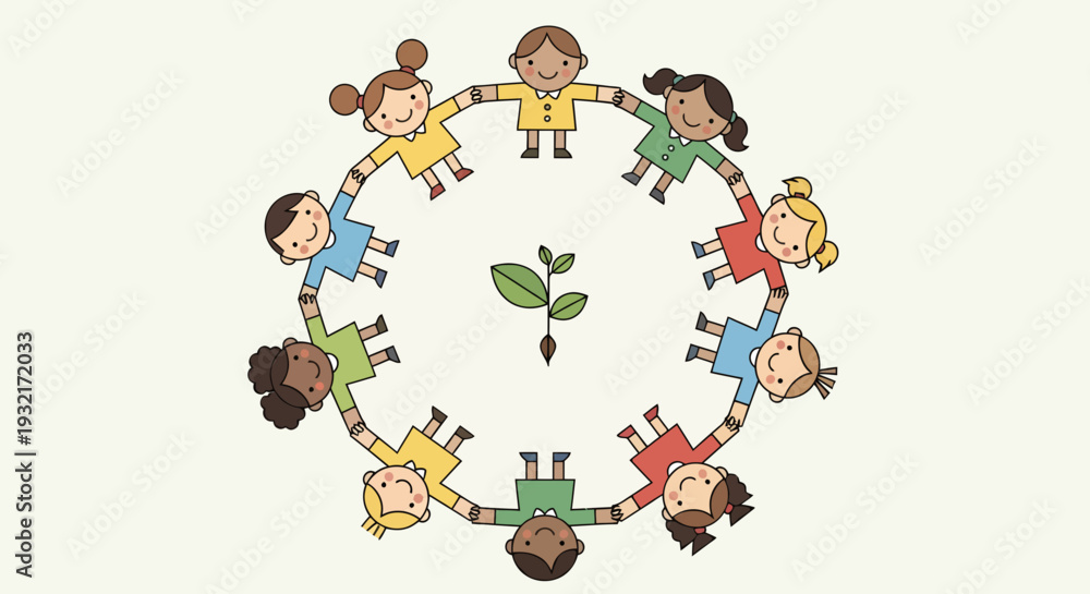 Fototapeta premium Diverse children holding hands in a circle around a sprout vector illustration for environmental care and global community themes