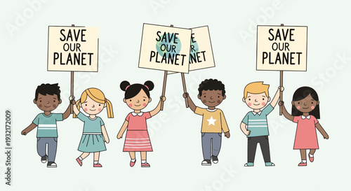 Diverse children advocating for planet's protection holding up signs with ""Save Our Planet"" message in cartoon illustration style