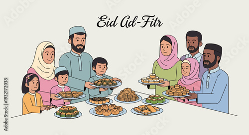 Diverse families celebrating Eid al-Fitr with traditional sweets illustration in pastel colors; joyful Muslim holiday gathering with generational family members