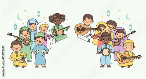 Diverse group of happy children in traditional Islamic clothing playing musical instruments illustration in cartoon style for Eid celebrations