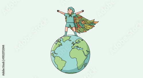 Eco-conscious boy scout with leaf cape standing on Earth globe cartoon illustration promoting environmental awareness and sustainability