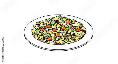 Elbow pasta salad with cooked beans carrots and celery on white plate vector cartoon illustration for food design and nutrition concept