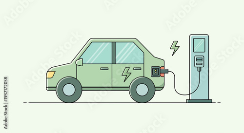 Electric car charging at station vector illustration in cartoon style; green vehicle plugged into charger with lightning bolts