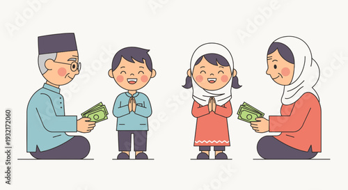 Elderly Muslims giving money to children illustration in cartoon style for Eid al-Fitr celebration with soft pastel colors