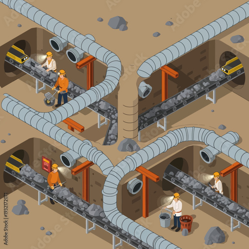Underground coal miners working in tunnels with conveyor belts.