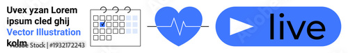Health, live events, scheduling, planning, fitness streaming. A calendar heart with heartbeat line and play button. Health and live events concept. Line metaphor. Simple line icons