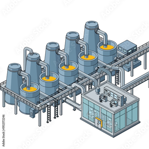 Industrial facility with silos and processing equipment.