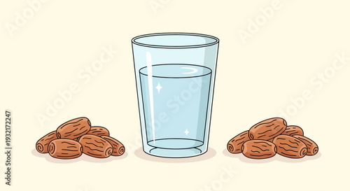 Glass of fresh water with dates fruit piles illustration refreshing Ramadan Iftar food break traditional middle eastern cuisine vector art