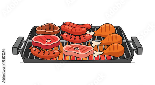 Grilled steak chicken legs and sausages cooking on a hot barbecue grill with flames; cartoon style illustration for food themes