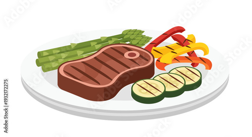 Grilled steak with asparagus bell peppers and zucchini on a white plate: isometric vector illustration for healthy eating and gourmet cuisine