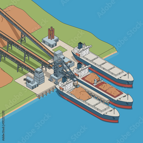 Industrial cargo ships docked at a port facility with conveyor belts.
