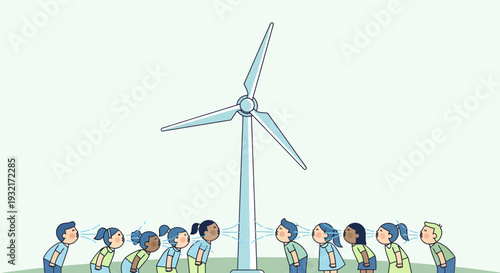 Group of Children Blowing at Wind Turbine Kids Learning About Renewable Energy Clean Power Generation Green Technology Ecology and Environmental Sustainability