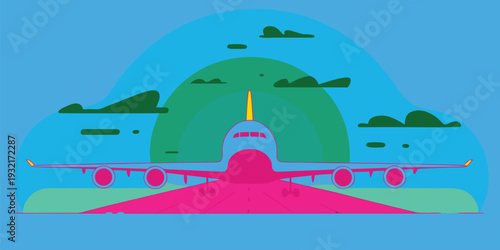 Colorful Stylized Illustration Of A Pink Airplane On A Red Runway Preparing For Takeoff Adventure