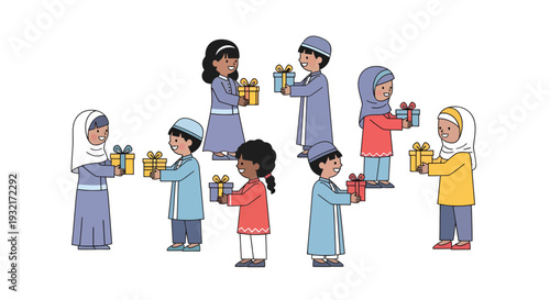 Group of cheerful children in traditional Muslim clothing exchanging gifts in a cute cartoon vector illustration style for Eid celebrations