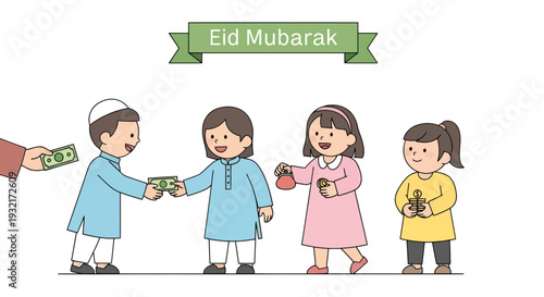 Happy Eid al-Fitr illustration with children receiving Eidi money in cartoon style against a white backdrop for festive celebration