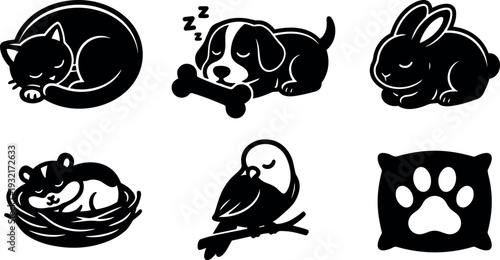 Minimalist silhouette pet icons set showing sleeping cat puppy rabbit hamster bird paw print and bone symbols in black vector