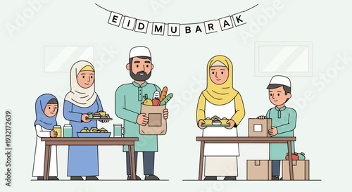 Happy Muslim family preparing food and gifts for Eid Mubarak celebration in cartoon style; offering charity and festive meals in boxes