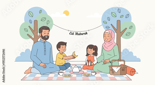 Happy Muslim family enjoying Eid Mubarak picnic outdoors with gift moon crescent and teapot illustration in light pastel colors