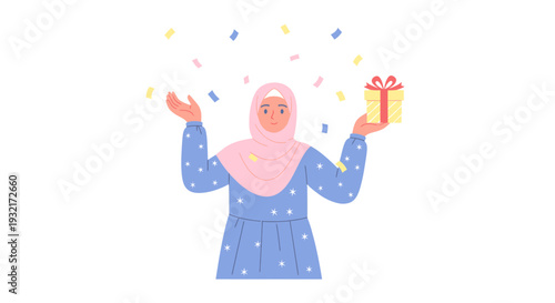 Happy muslim woman in hijab celebrating with gift and confetti vector illustration in flat design style for festive occasions and celebrations